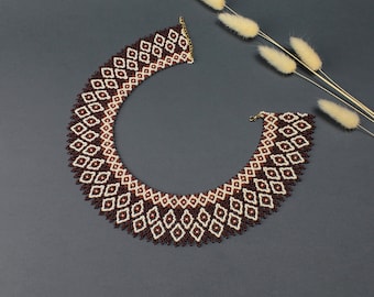 Geometric Bead Necklace, Brown Beige Statement Jewelry, Czech Beads