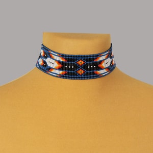 Blue Beaded Choker: Feather Design, Native necklace for woman