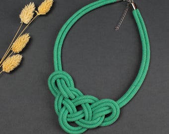 Light Green Braided Cotton Cord Necklace: Knotted Textile Jewelry