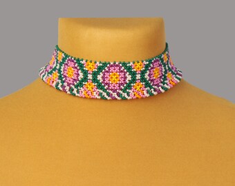Lilac Flower Bead Collar Necklace: Czech Glass Elegant Jewelry