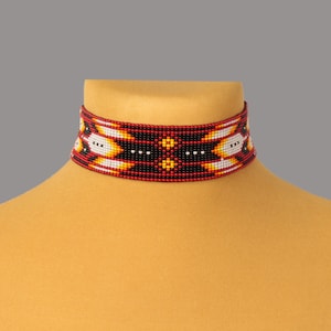 Red Beaded Choker Necklace: Feather Design, Czech Beads