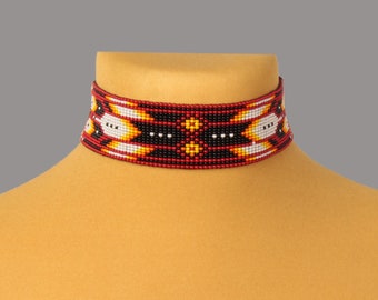 Red Beaded Choker Necklace: Feather Design, Czech Beads