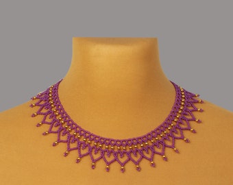 Handmade Purple & Gold Bead Collar Necklace: Czech Glass Lace Jewelry
