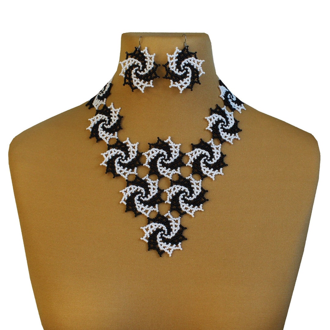 Modern Woven Necklace, Jewelry Set Necklace and Beaded Earrings, Black