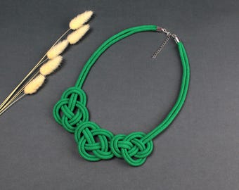 Green Rope Textile Necklace: Knotted Cotton Cord Necklace