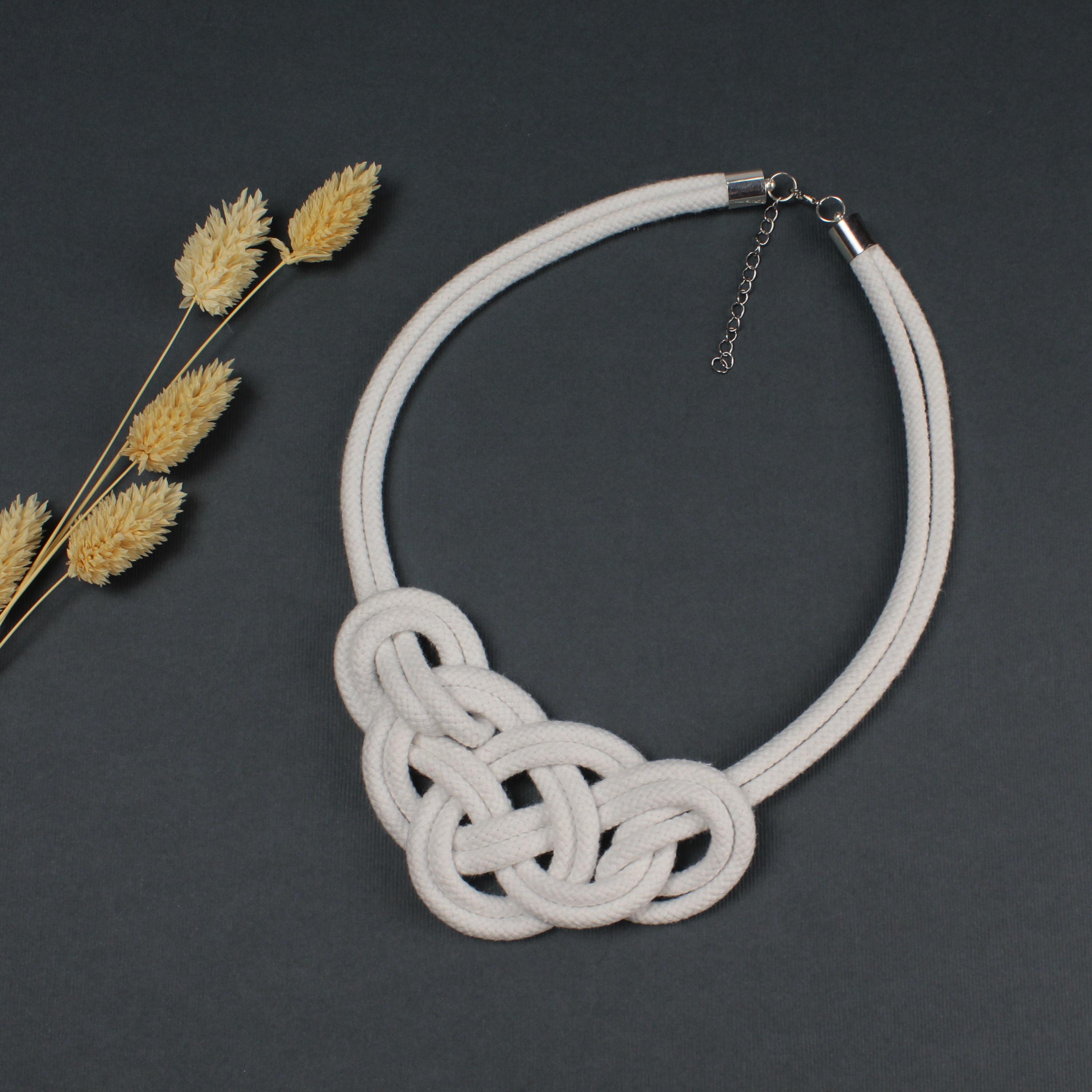 Braided Cotton Cord Necklace: Knotted White Textile Jewelry