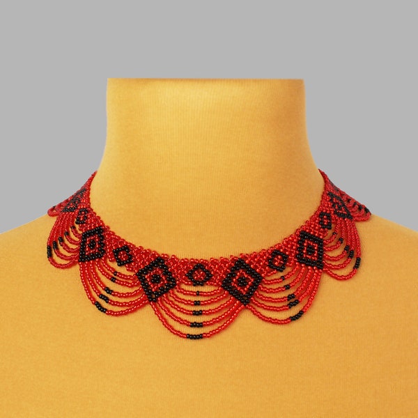 Red and black bead necklace, Woman geometric necklace, Woven collar necklace, Dainty ethnic necklace, 25th birthday gift for sister