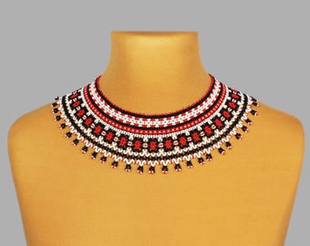 Traditional Ukraine Seed Bead Necklace, Ethnic Bib Statement Jewelry