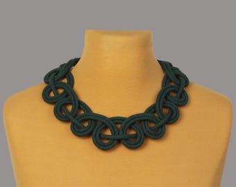 Dark Green Rope Necklace: Knotted Cotton Textile Jewelry, Eco-Friendly Statement Necklace