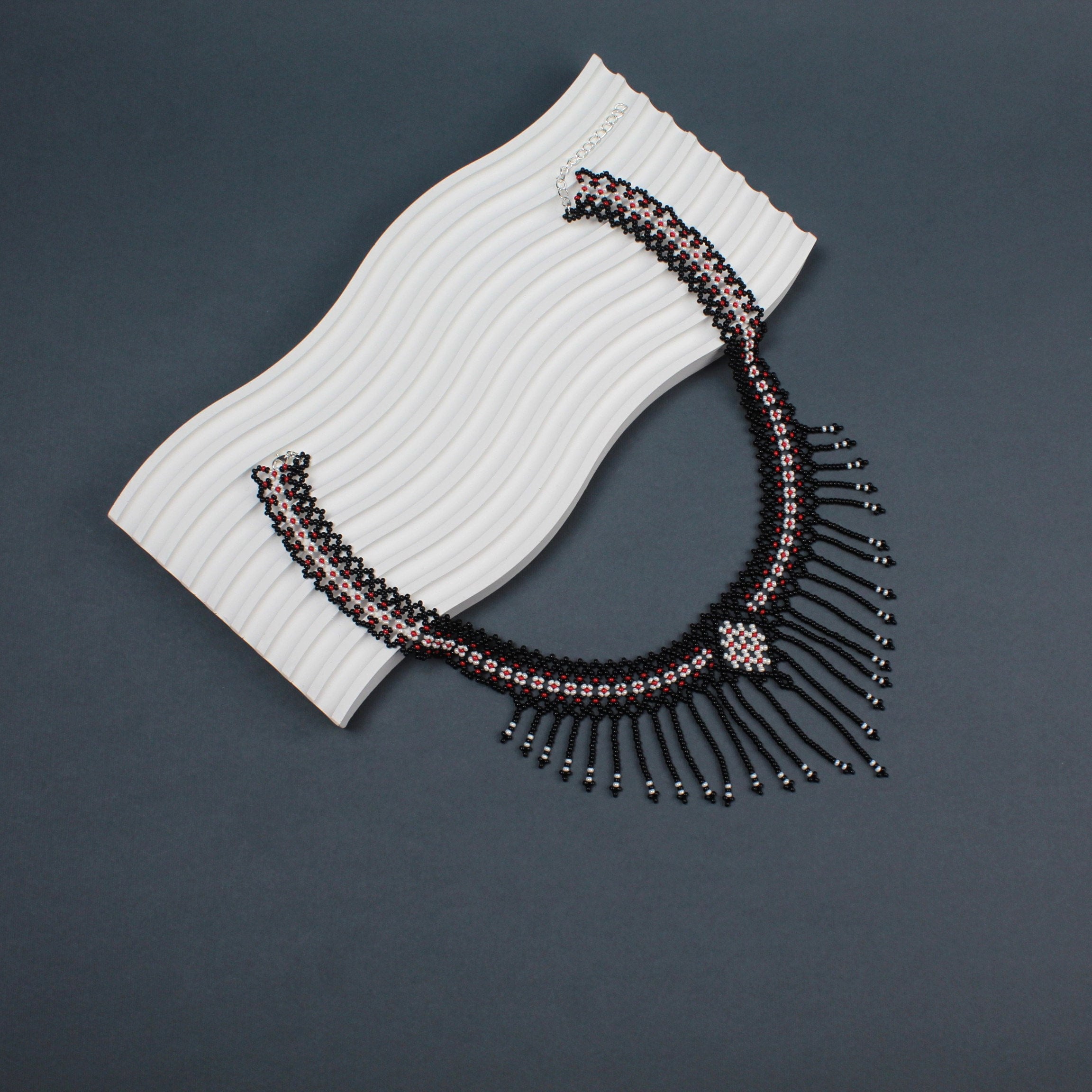 Beaded Fringe Floral Necklace - White & Black Statement Piece with bracelet Fringe Bead Necklace, Mothers Day Gift From Daughter, Dainty  main image 2