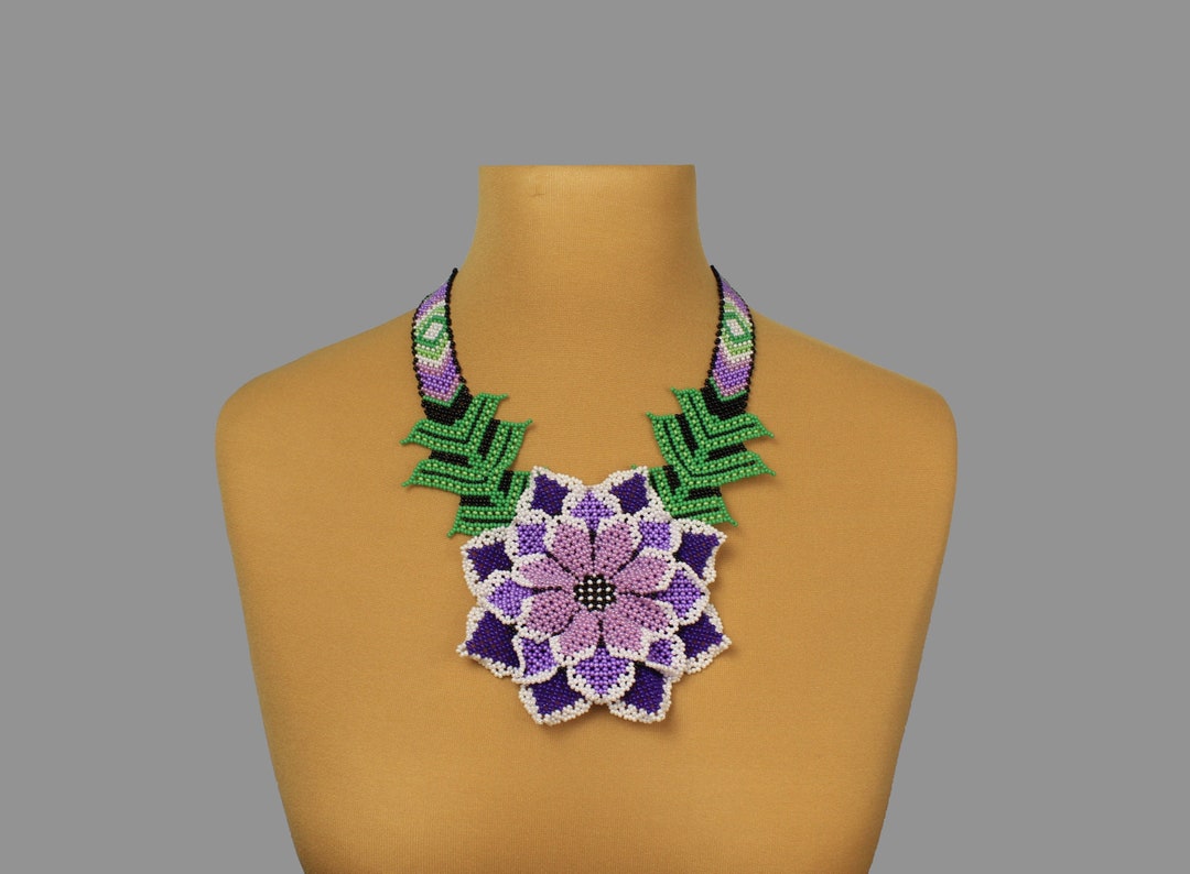 Purple Seed Bead Flower Necklace for Woman, Large Beaded Purple Flower