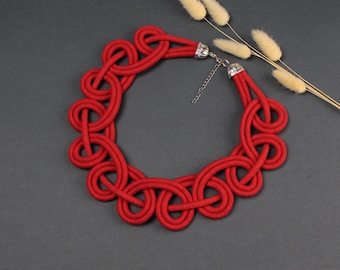 Red Rope Necklace: Knotted Cotton Textile Jewelry, Eco-Friendly Statement Necklace