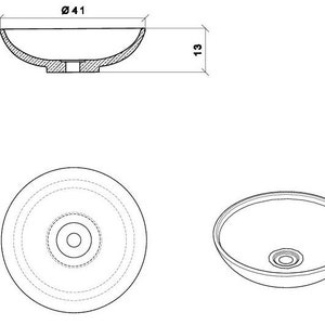 May include: A white ceramic bathroom sink with a diameter of 41 inches and a depth of 13 inches. The sink has a round shape and a smooth, white finish.