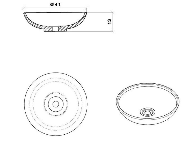 May include: A white ceramic bathroom sink with a diameter of 41 inches and a depth of 13 inches. The sink has a round shape and a smooth, white finish.