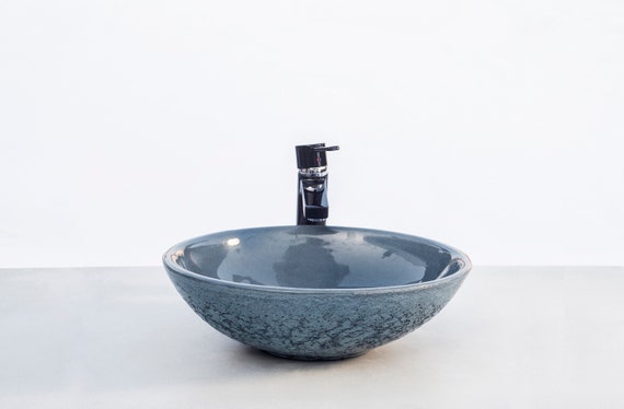Blue Concrete Vessel Sink: Round Bathroom Wash Basin (16.1"x 5.1")