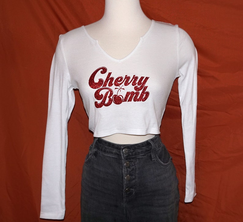 Notched Neck Ribbed Crop Top with a Cherry Bomb Vintage Inspired Graphic