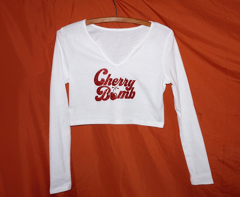 Notched Neck Ribbed Crop Top with a Cherry Bomb Vintage Inspired Graphic
