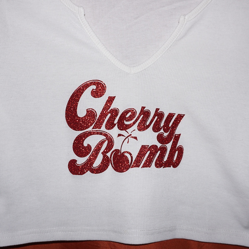 Notched Neck Ribbed Crop Top with a Cherry Bomb Vintage Inspired Graphic