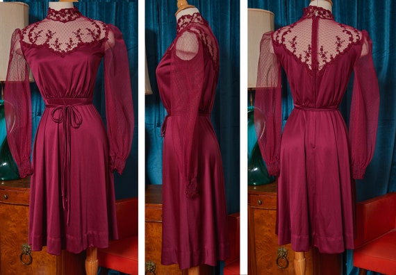 Vintage 1970s  lace burgundy skater dress - image 1