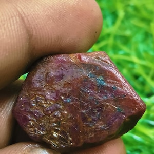 May include: A rough, uncut ruby gemstone with a deep red hue, exhibiting natural textures and subtle variations in color. The stone has areas of brown and blue-green inclusions, held in a hand against a blurred green background.