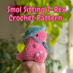 Könnte beinhalten: Ein rosa gehäkelter T-Rex, der einen blauen gehäkelten Hut trägt. Der T-Rex sitzt und hat weiße gehäkelte Füße. Der Bildtext lautet "Smol Sitting T-Rex Crochet Pattern Digital File Only".