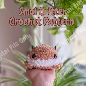 Könnte beinhalten: Ein Häkelmuster für ein kleines, braunes und weißes Tierchen mit schwarzen Augen. Das Muster heißt "Smol Critter Crochet Pattern" und ist nur als digitaler Download erhältlich.