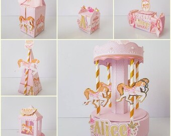 Pink Carousel -cod373- Kit Party, Favors Boxes Personalized, Birthday Decoration, Baby Shower, Party Supplies, Tags Digital, Cake Printable