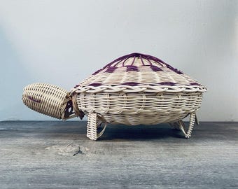 Vintage Wicker Woven Turtle Basket Home Decor  Purple Accents