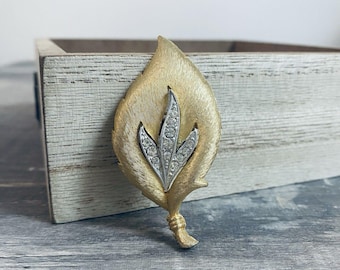 Vintage Signed JJ Jonette Gold Tone Rhinestone Open Leaf Brooch Pin Floral Leaf Jewelry Costume Statement Collectible Signed JJ Pin