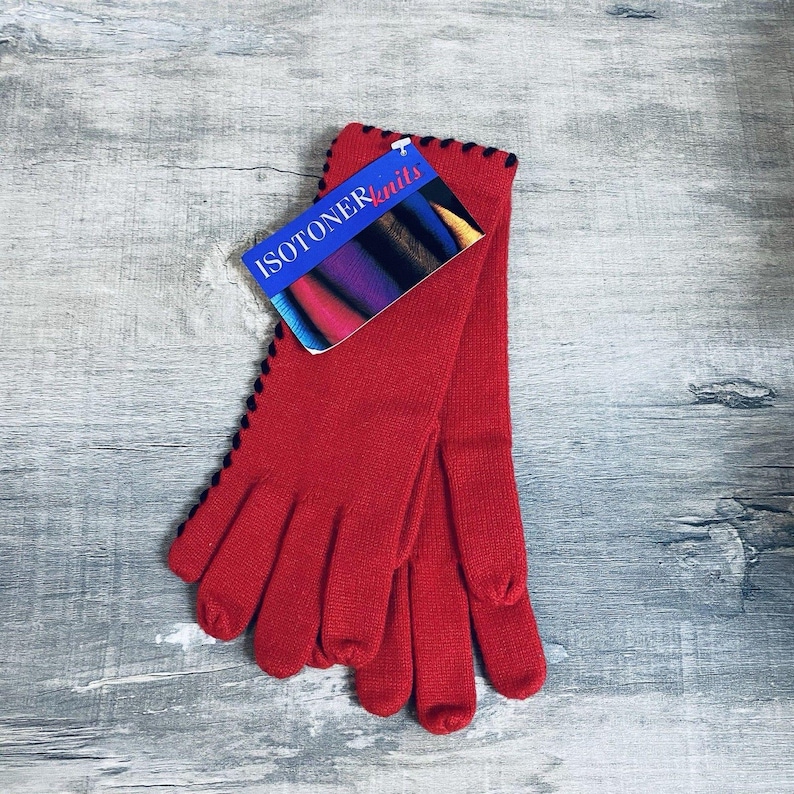 Guantes largos con nudo rojo y negro Aris Isotoner vintage de 1994 imagen 1