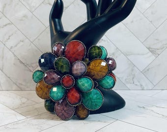 Vintage Large Boho Chic Hinged Statement Bracelet Bold Cluster Color Stones