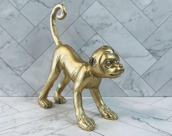 Figura vintage de mono de 23 cm (9 pulgadas), estatua de fauna silvestre, metal tono dorado.