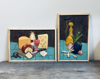 Juego de placas de pared 3D de cerámica vintage de los años 60 con diseño de cocina, queso y verduras