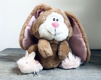 Vintage Applause Brown Bunny Rabbit Plush 8 Inch Fuzzy Lop Eared Bunny Pink Nose Stuffed Animal Easter Toy