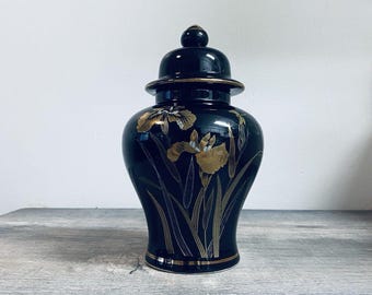 Japanese Ginger Jar  Black And Gold With Floral Pattern
