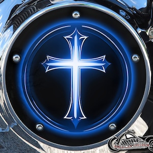 Harley Davidson Custom Derby or Timing cover (your choice) Twin Cam Big Twin EVO M8 Touring Trike Sportster 1200 883 Glowing Cross Blue