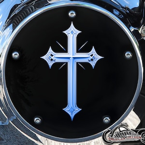 Derby personnalisé Harley Davidson ou carter de distribution (au choix) Twin Cam Big Twin EVO M8 Touring Trike Sportster 1200 883 argent/croix bleue