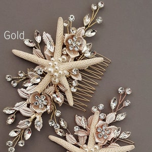Golden Starfish Bridal Comb, Tropical Sunset Wedding Hair Piece, Luxury Beach Bride Accessory