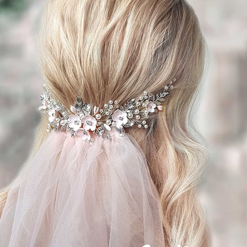 Blush Wedding Veil and Headpiece Blush Wedding Veil Fingertip Etsy