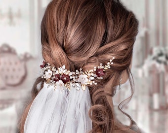 Burgundy Blush Hair piece Bugundy hair piece Bugundy Hair flower Wedding headpiece Burgundy Hair Comb Burgundy hair vine Marsala hairpiece