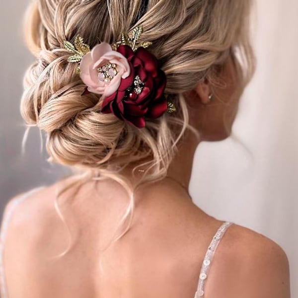 Burgundy Blush Bridal Hair Comb with Opal Pink Crystals and Gold Leaves
