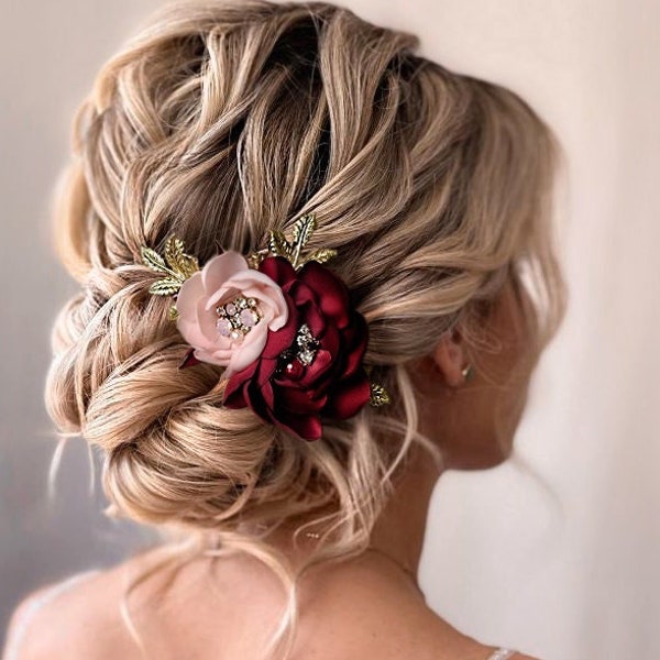 Burgundy Blush Bridal Hair Comb with Opal Pink Crystals and Gold Leaves