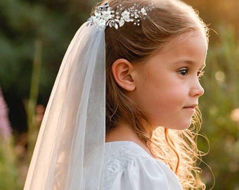 First Communion Veil for Girls – Soft White or Ivory Tulle Veil on Comb – Handmade Flower Girl Headpiece for Catholic Church Ceremony