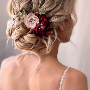 Burgundy Blush Bridal Hair Comb with Opal Pink Crystals and Gold Leaves
