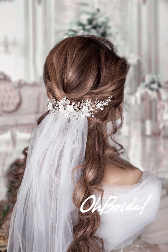 HELEN White Flower Long Bridal Hair Vine With Crystals And Pearls