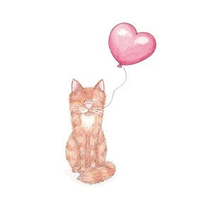 tarjeta de san valentin Gato con ilustración de acuarela de globo de corazón.
