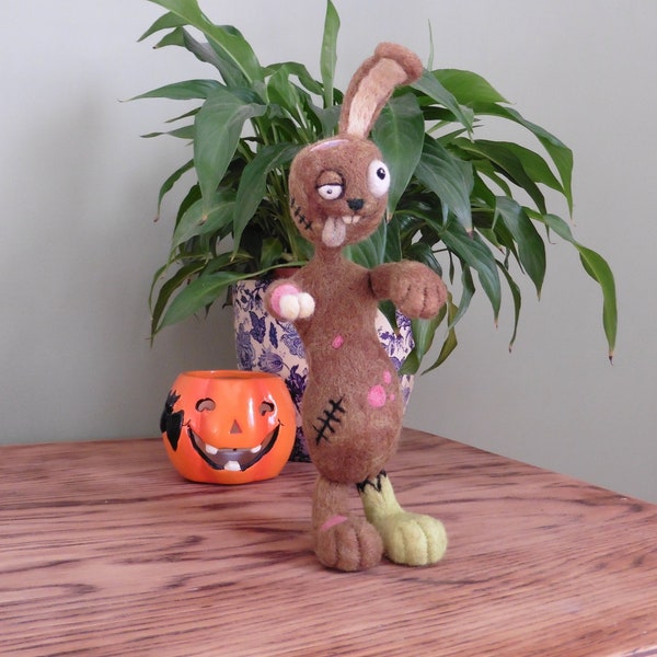 Zombie Bunny, Needle felt Sculpture, Zombie Rabbit, Halloween gift, Creepy and cute horror doll.