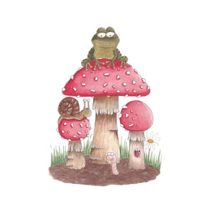 Carte de voeux vierge. Carte grenouille. Champignon vénéneux avec carte grenouille et insectes.