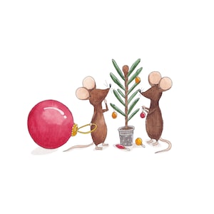Christmas card, Cute mouse Christmas card, Blank greetings card, mice with Christmas tree.