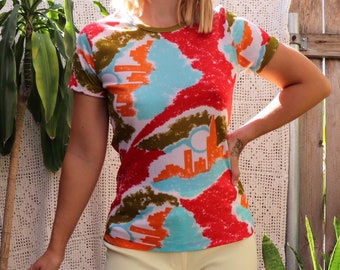 60s Nylon T Shirt Vintage Graphic Print Tshirt Lightweight Adstract Print Tee Blue Green Orange Red w Cityscape